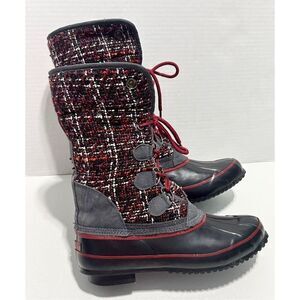 Khombu Elysse Rubber Upper Water Resistant Boots Plaid Lace Up Black‎ Red 8